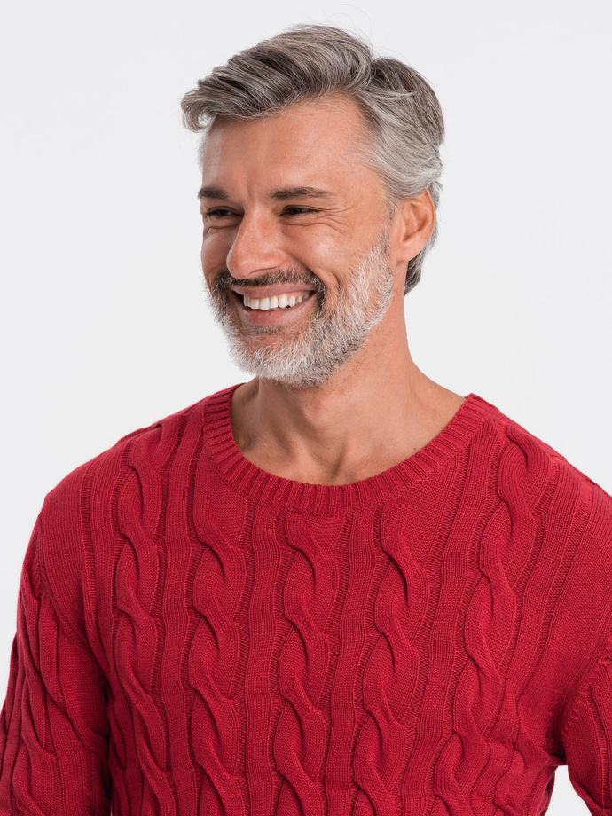 Sweter męski z warkoczowym splotem - czerwony V4 E195