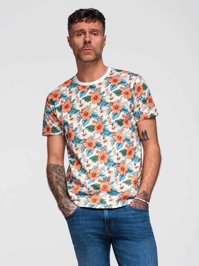 T-shirt męski bawełniany w kwiatowy wzór full print – biały V1 OM-TSFP-0249