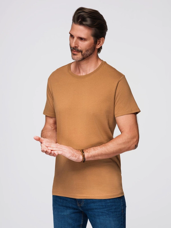 T-shirt męski klasyczny bawełniany BASIC - brązowy V21 OM-TSBS-0236