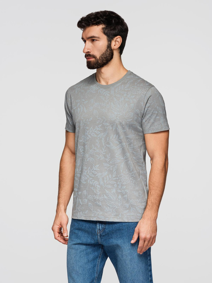 T-shirt męski bawełniany z nadrukiem z motywem roślinnym - szara V3 OM-TSFP-0262