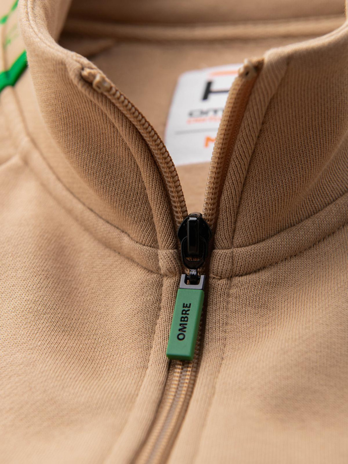 Bluza męska rozpinana z lampasami i wysoką stójką – brązowa V1 OM-SSZP-0224