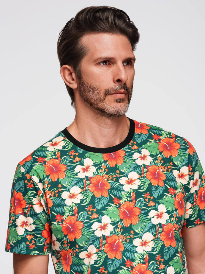 Męski t-shirt bawełniany w kwiatowy wzór full print – czarny V2 OM-TSFP-0249