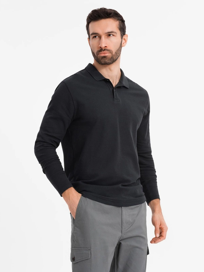 Longsleeve męski z kołnierzykiem polo BASIC – czarny V2 OM-POBL-0114