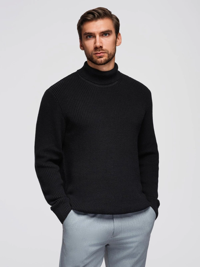Sweter klasyczny męski z golfem z bawełny - czarny V4 OM-SWTN-0162