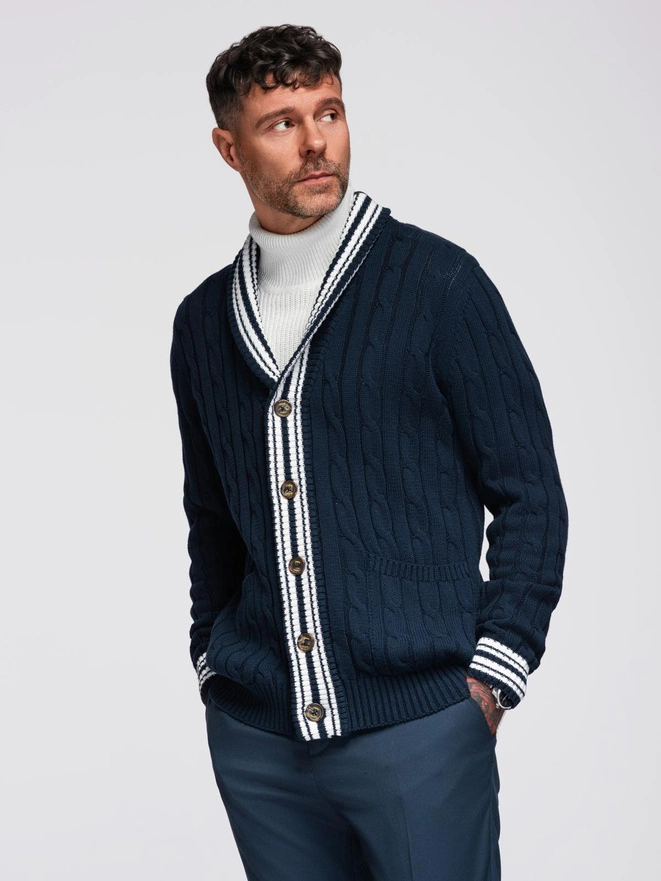 Sweter męski kardigan z szalowym kołnierzem w stylu preppy - granatowy V4 OM-SWCD-0152