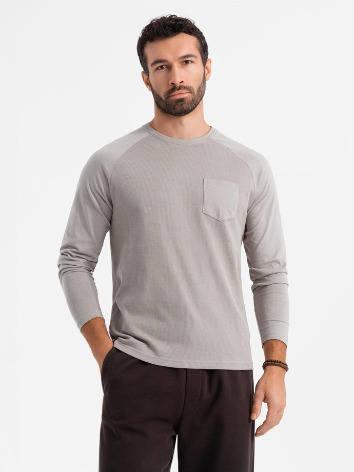 Bawełniany męski longsleeve o waflowym splocie z kieszonką – popielaty V1 OM-LSCL-0109