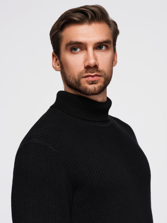 Sweter klasyczny męski z golfem z bawełny - czarny V4 OM-SWTN-0162