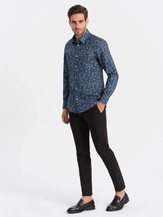 Męska koszula bawełniana we wzory SLIM FIT - ciemnoniebieska V1 OM-SHCS-0151