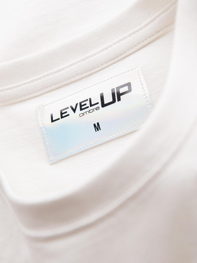 Bawełniany męski longsleeve U-neck z lampasami i nadrukiem na piersi – złamana biel V3 OM-LSCL-0127