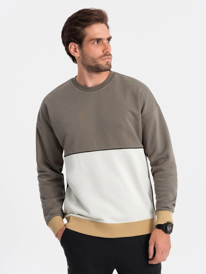 Bluza męska OVERSIZE z kontrastowym łączeniem kolorów - khaki V7 B1673