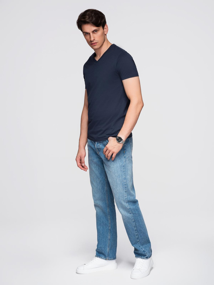 Męska klasyczna bawełniana koszulka z dekoltem w serek BASIC – granatowa V2 OM-TSBS-0237