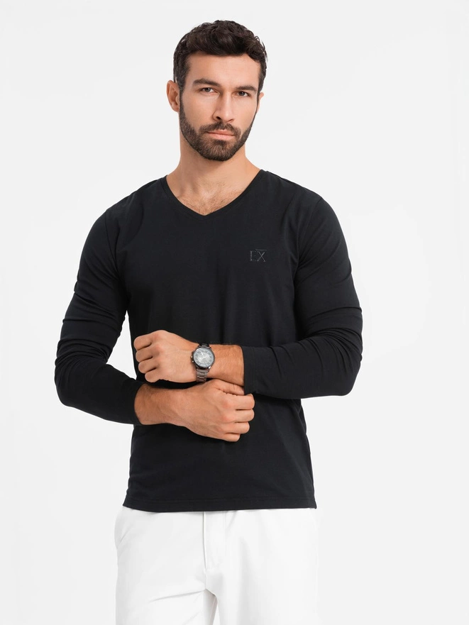 ongsleeve męski V-neck SLIM FIT z elastanem i printem – czarny V1 OM-LSBC-0123