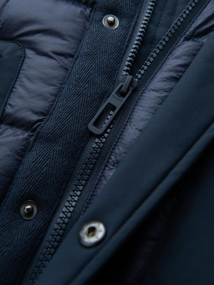 Pikowana długa męska kurtka z dużymi kieszeniami – granatowa V4 OM-JALJ-0165