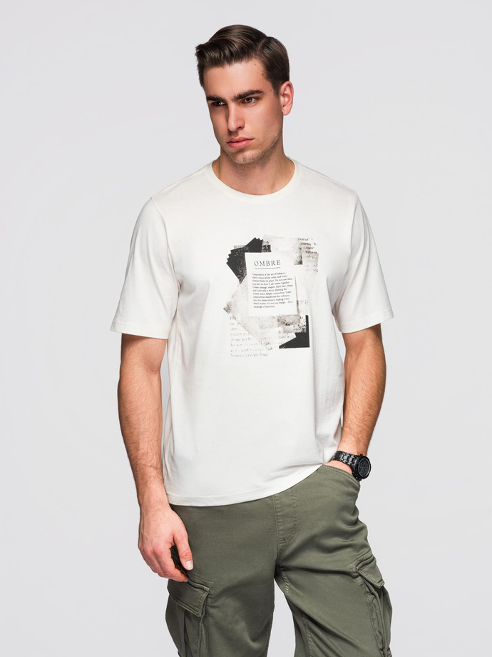 Bawełniana męska koszulka z ciekawym nadrukiem na klatce piersiowej - biała V2 OM-TSPT-0261