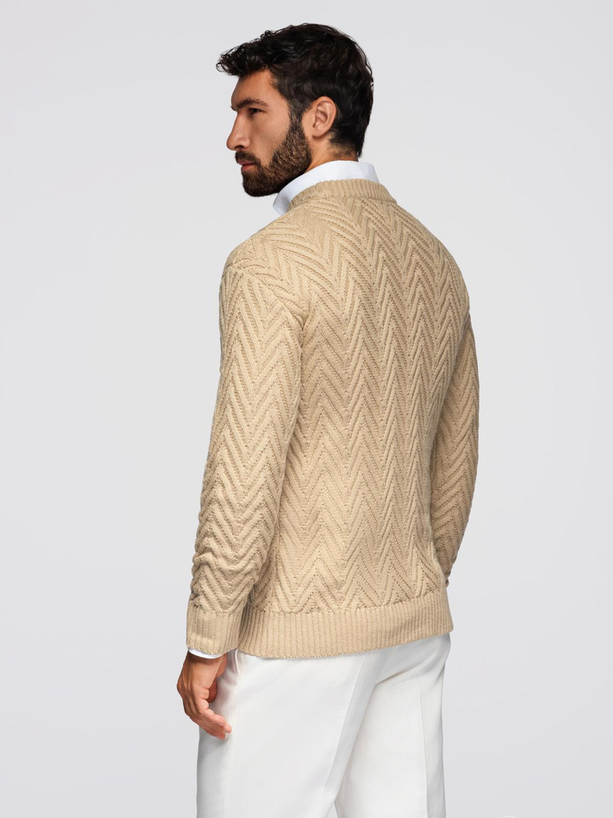 Sweter męski z dzianiny o zygzakowym splocie – piaskowy V1 OM-SWSW-0147