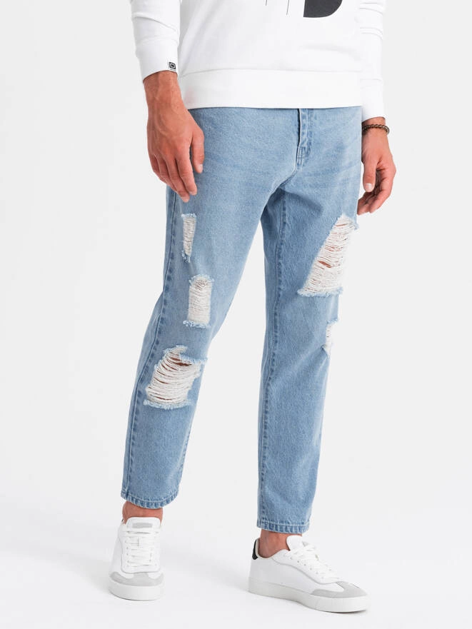 Męskie spodnie jeansowe TAPERED FIT z dziurami – jasnoniebieskie V1 OM-PADP-0175