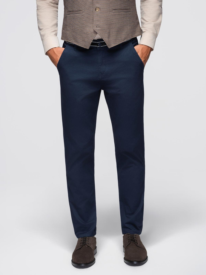 Męskie spodnie chino z ozdobną taśmą w pasie SLIM FIT – granatowe V2 OM-PACP-0118