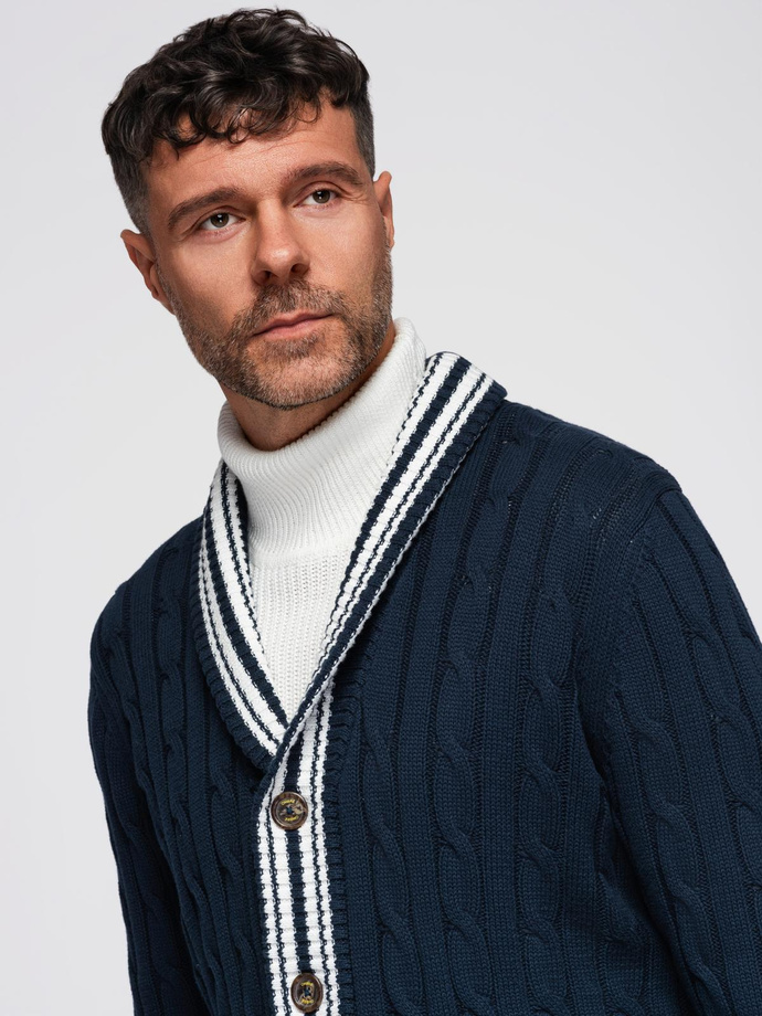 Sweter męski kardigan z szalowym kołnierzem w stylu preppy - granatowy V4 OM-SWCD-0152