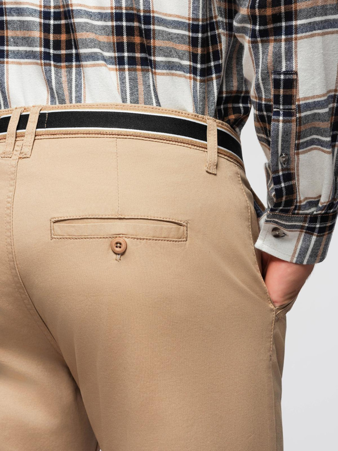 Męskie spodnie chino z ozdobną taśmą w pasie SLIM FIT – piaskowe V5 OM-PACP-0118