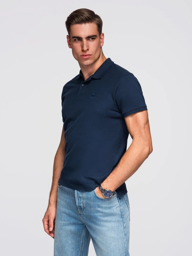 Jednokolorowa koszulka męska polo BASIC z dzianiny pique - granatowa V2 OM-POBS-0100