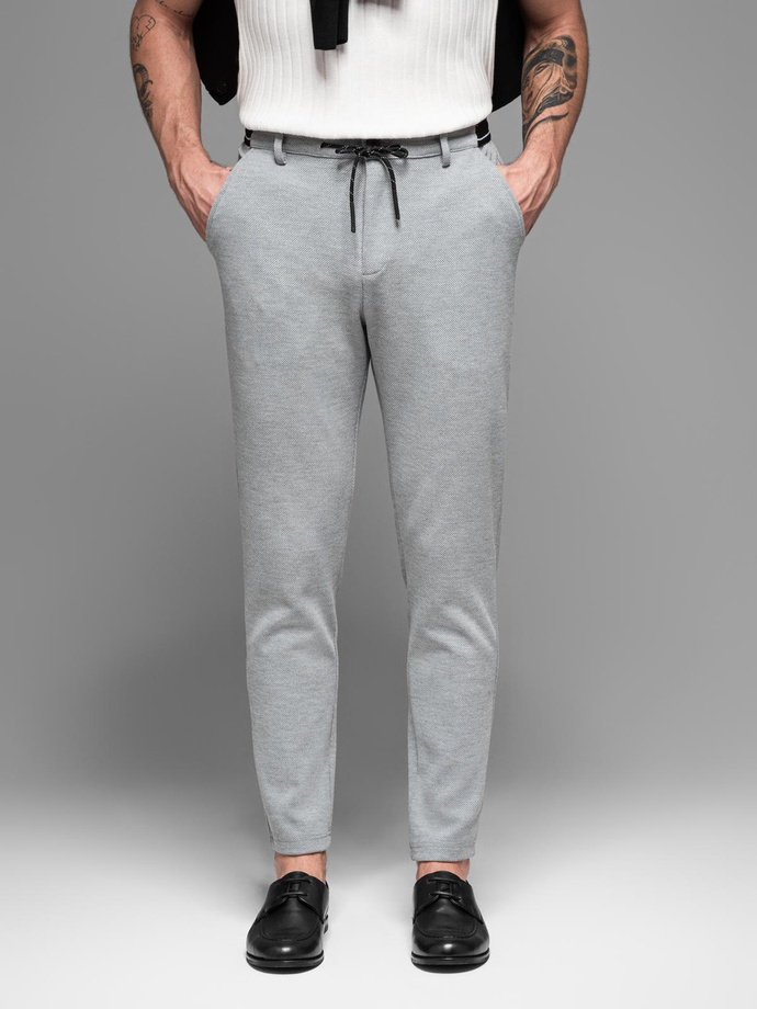 Dzianinowe spodnie męskie z gumką w pasie - jasnoszare V1 P1514