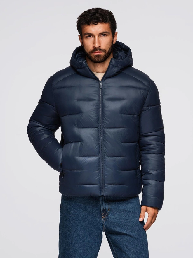Pikowana kurtka męska puffer z kapturem – granatowa V4 OM-JAHP-0235