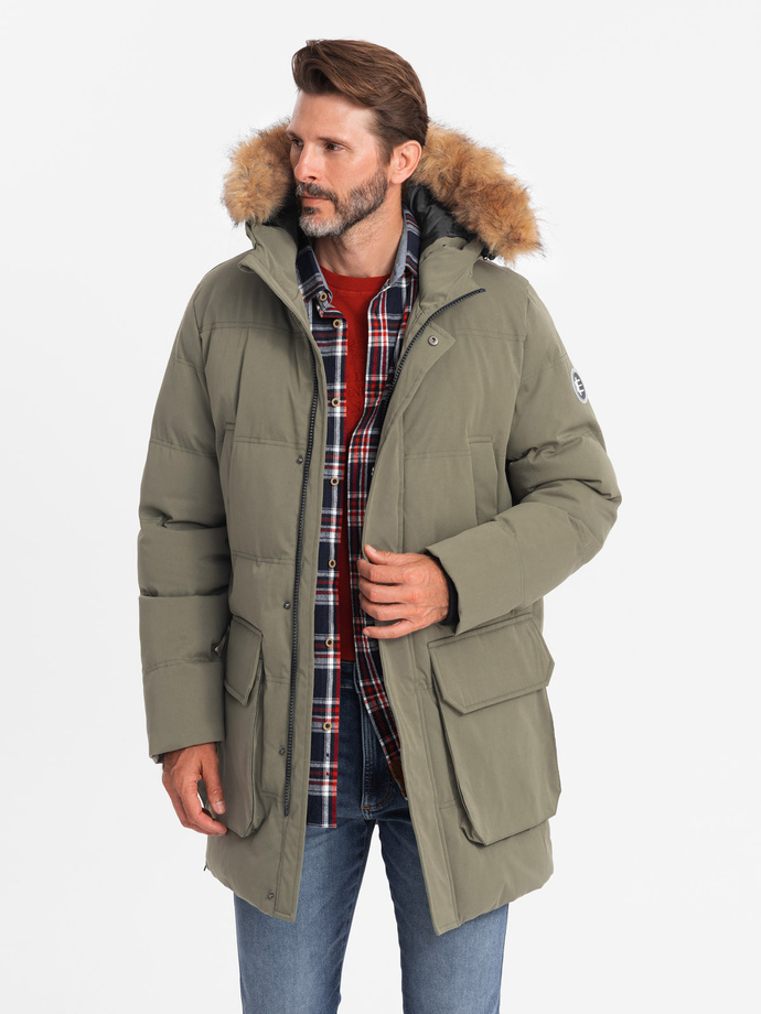 Długa męska kurtka parka z rozpinanym dołem  – ciemnooliwkowa V4 OM-JALJ-0184
