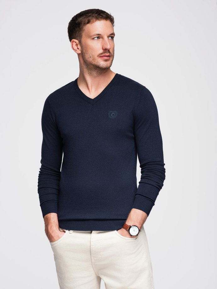 Męski elegancki sweter BASIC V-neck z wiskozą – granatowy V2 OM-SWBS-0107