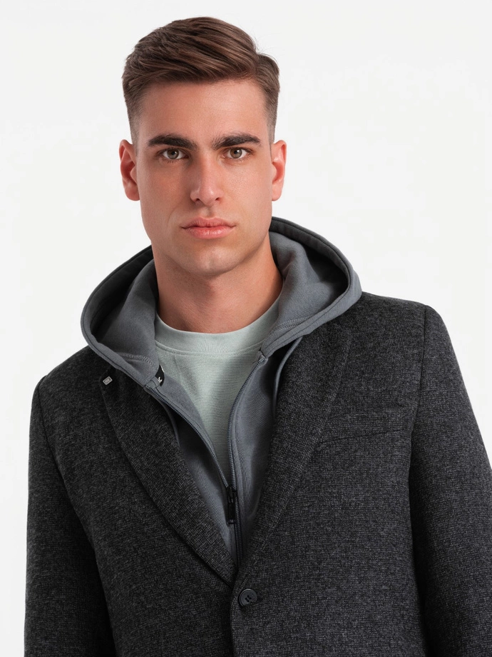 Męska marynarka casual z ozdobnym pinem na klapie - grafitowy melanż V2 OM-BLZB-0120