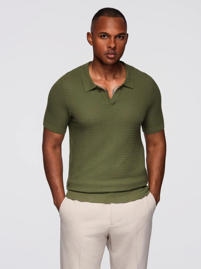 Męska dzianinowa koszulka polo bez zapięcia – oliwkowa V1 OM-POSS-0157