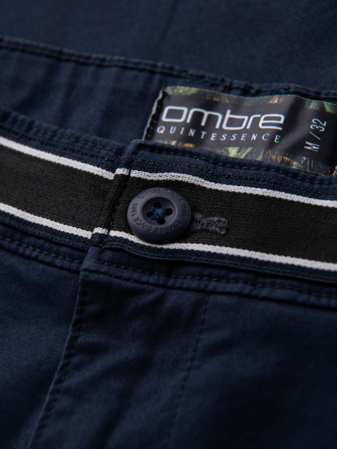 Męskie spodnie chino z ozdobną taśmą w pasie SLIM FIT – granatowe V2 OM-PACP-0118