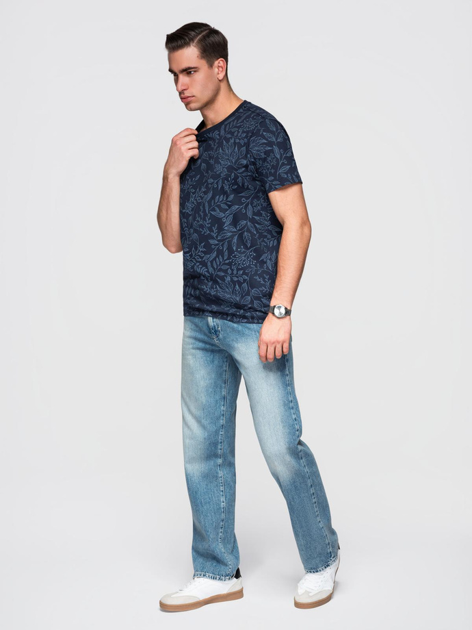 Męski t-shirt bawełniany z nadrukiem z motywem roślinnym - granatowa V4 OM-TSFP-0262