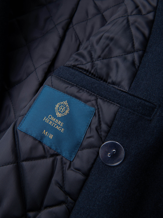 Męski dwurzędowy płaszcz z wełną oraz ozdobnymi aplikacjami - V1 granatowy OM-COWC-0149