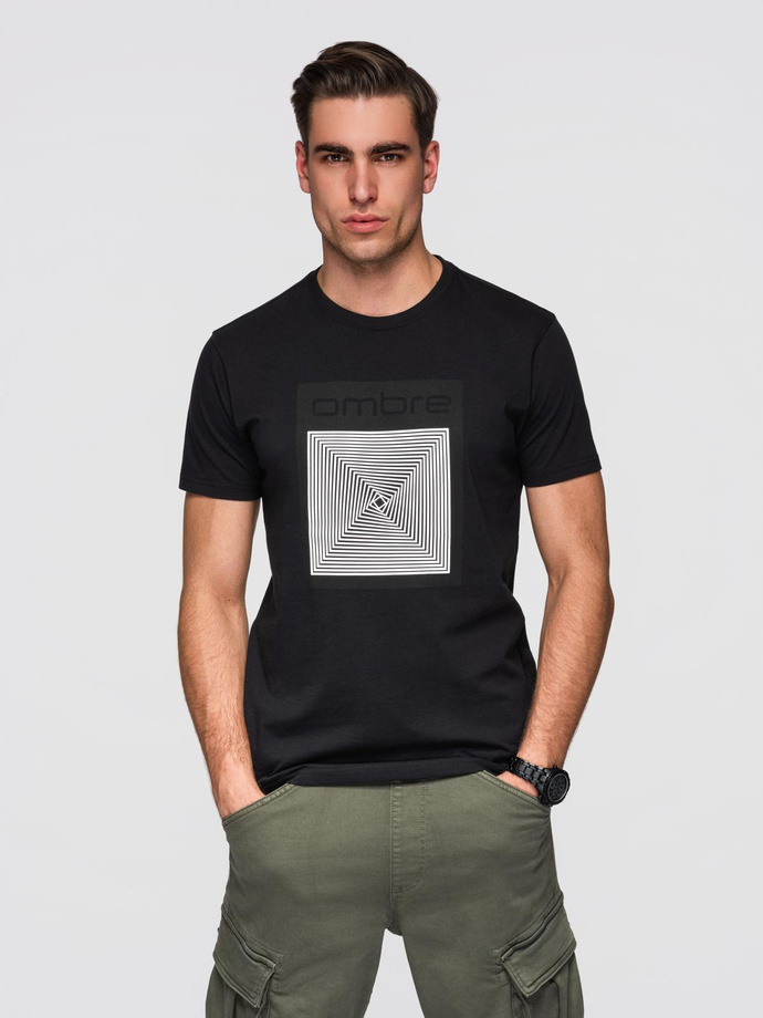 Męska koszulka bawełniana z geometrycznym nadrukiem - czarna V1 OM-TSPT-0260