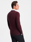 Sweter męski z dekoltem "w serek" z koszulowym kołnierzykiem - bordowy V8 OM-SWSW-0102