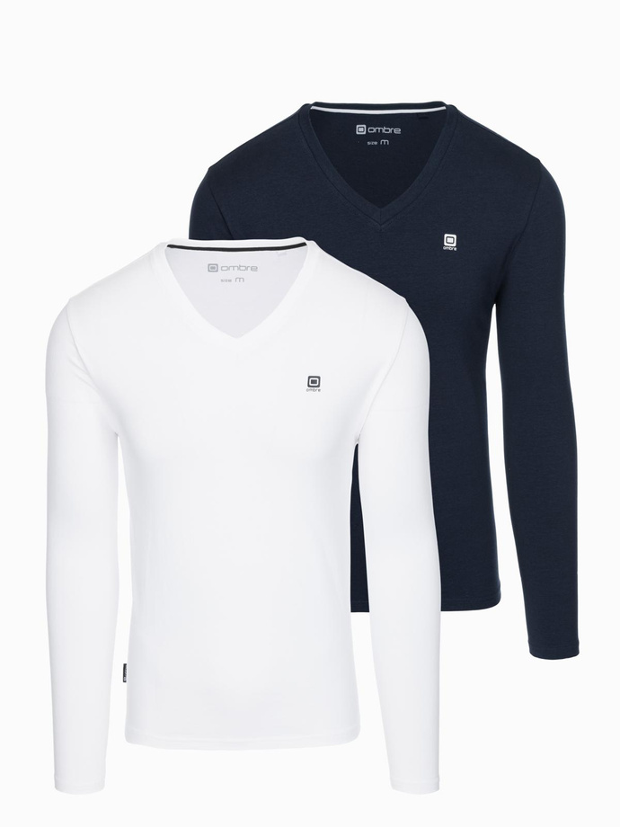 Komplet męskich longsleeve'ów SLIM FIT z dekoltem typu V i logotypem 2-pak – mix biały/granatowy V1 Z103