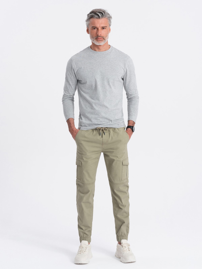 Spodnie męskie JOGGERY z zapinanymi kieszeniami cargo - khaki V1 OM-PAJO-0123