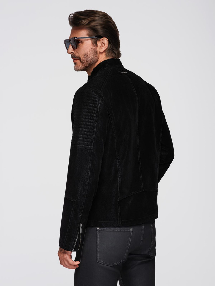 Kurtka męska biker ze stójką w stylu retro – czarna V2 OM-JAFL-0197
