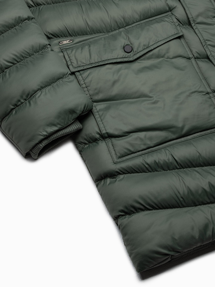 Kurtka męska zimowa parka pikowana - ciemnooliwkowa V1 OM-JALJ-0100