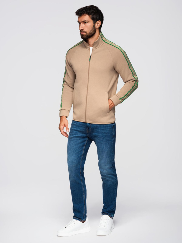 Bluza męska rozpinana z lampasami i wysoką stójką – brązowa V1 OM-SSZP-0224