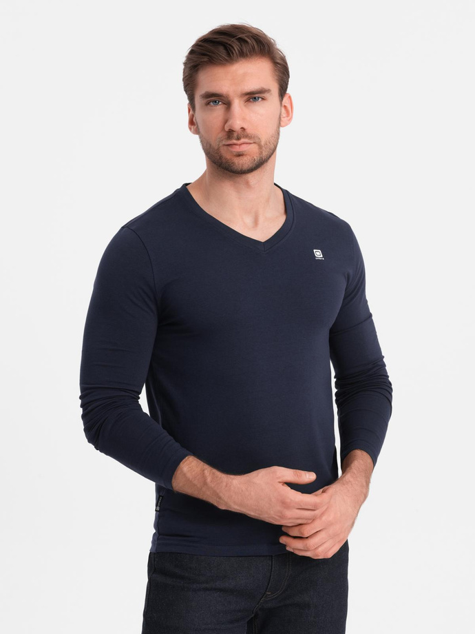 Komplet męskich longsleeve'ów SLIM FIT z dekoltem typu V i logotypem 2-pak – mix biały/granatowy V1 Z103