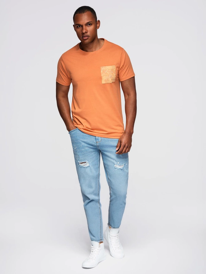 T-shirt męski bawełniany z printowaną kieszonką – pomarańczowy V3 OM-TSPT-0227