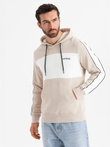 Bawełniana męska bluza z kapturem z kontrastującymi elementami - beżowa V2 OM-SSNZ-0225