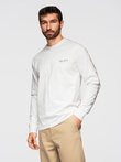 Bawełniany męski longsleeve U-neck z lampasami i nadrukiem na piersi – złamana biel V3 OM-LSCL-0127