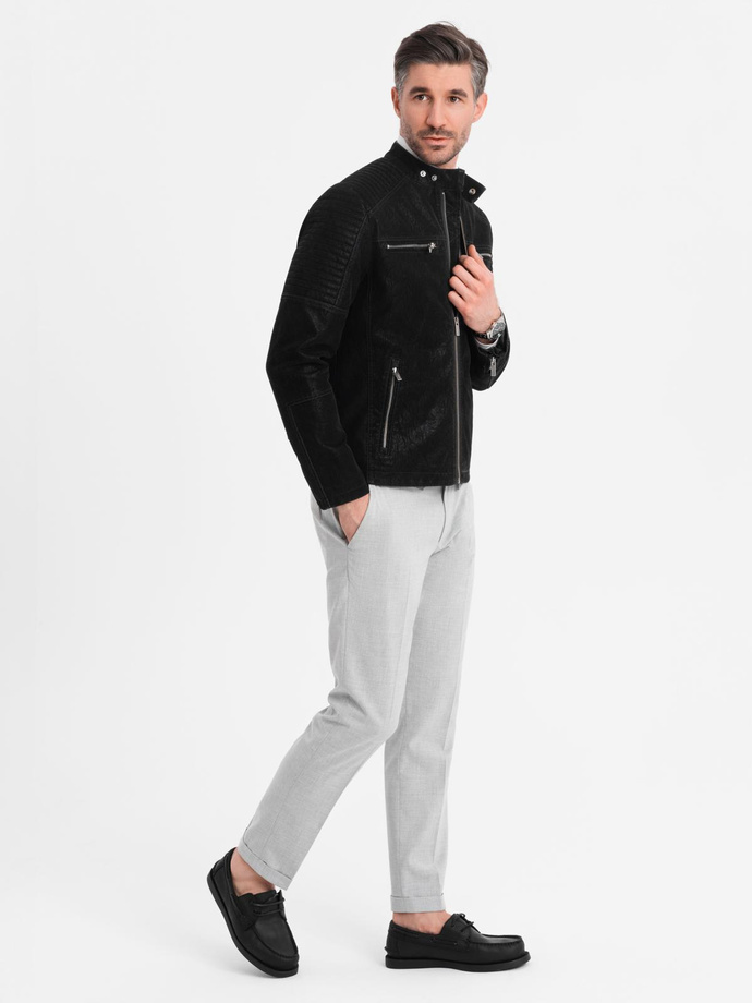 Kurtka męska biker ze stójką w stylu retro – czarna V2 OM-JAFL-0197