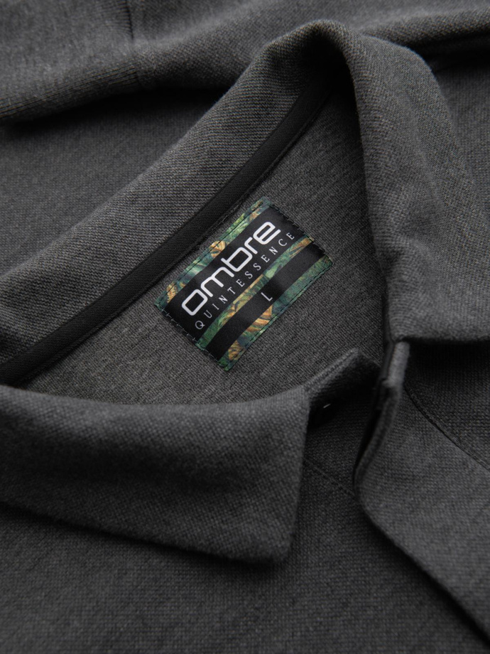 Bluza męska z kołnierzykiem polo ze strukturalnej dzianiny - grafitowy melanż V1 OM-SSNZ-0149
