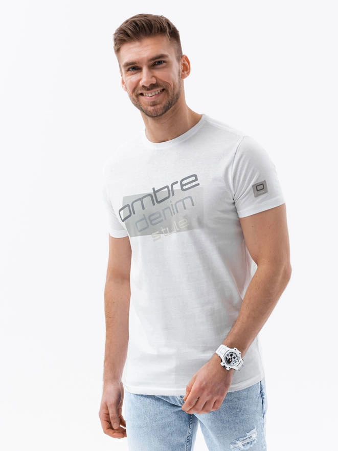 T-shirt męski bawełniany z nadrukiem - biały V1 S1749