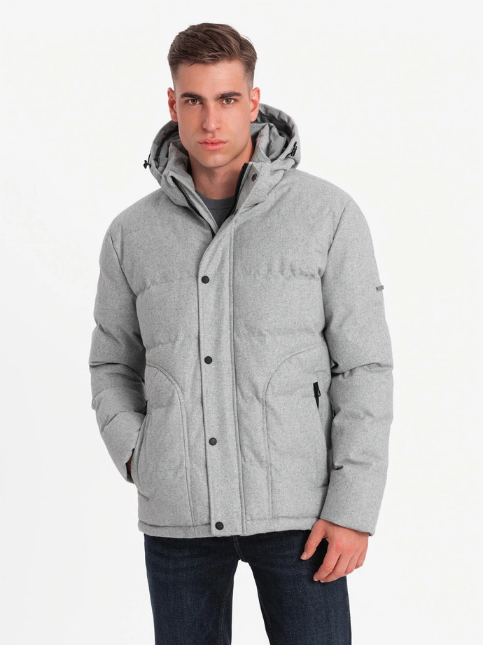 Męska casualowa kurtka puffer z wełną – jasnoszary melanż V3 OM-JAHP-0203