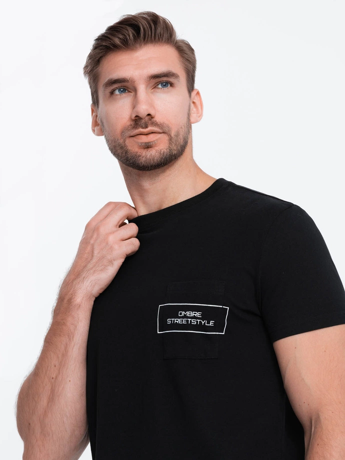 T-shirt męski bawełniany z nadrukiem na kieszonce - czarny V1 S1742