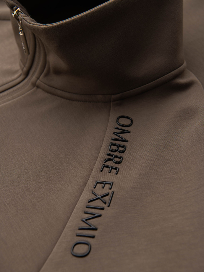 Bluza męska z kontrastowym nadrukiem i rozpinaną wysoką stójką – szarobrązowa V3 OM-SSZP-0211